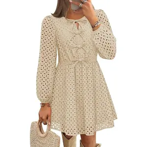 ZESICA Women's Long Sleeve Mini Dress 2026 Fall Crewneck Tie Front Hollow Out Eyelet Babydoll A Line Short Dresses