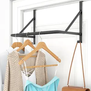 Over The Door Clothes Hanger Rod, Metal Over The Door Hanger for Coat, Clothes Drying Rack for Door for Laundry, Bedroom, Washroom, Fits Door Up to 1.97", Black