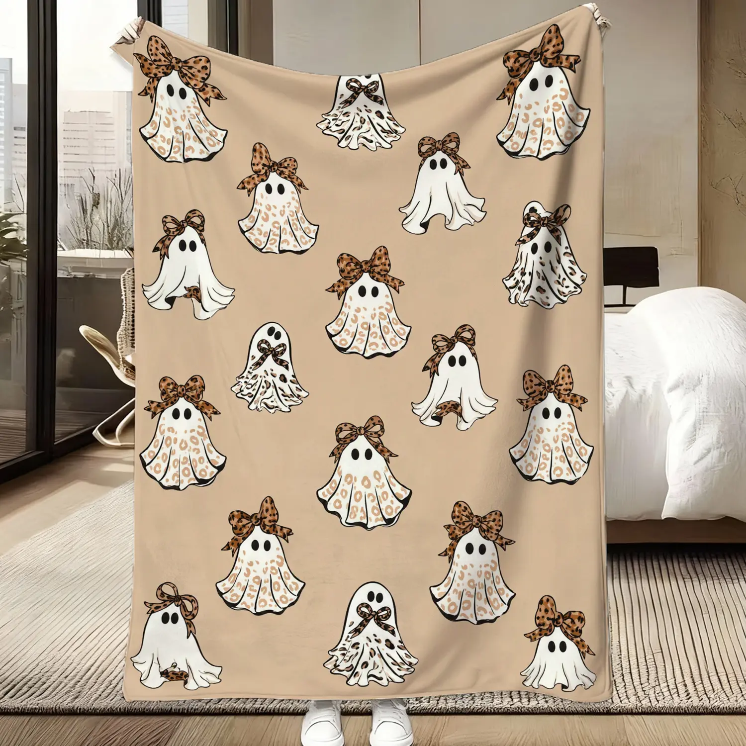 Soft Funny Throw Blanket Hahafelt Halloween Cheetah Ghost Blanket Brown Leopard Throw Blanket | Soft Flannel Fleece, Halloween Cozy Spooky Gifts Decor, Western Boho Holiday...