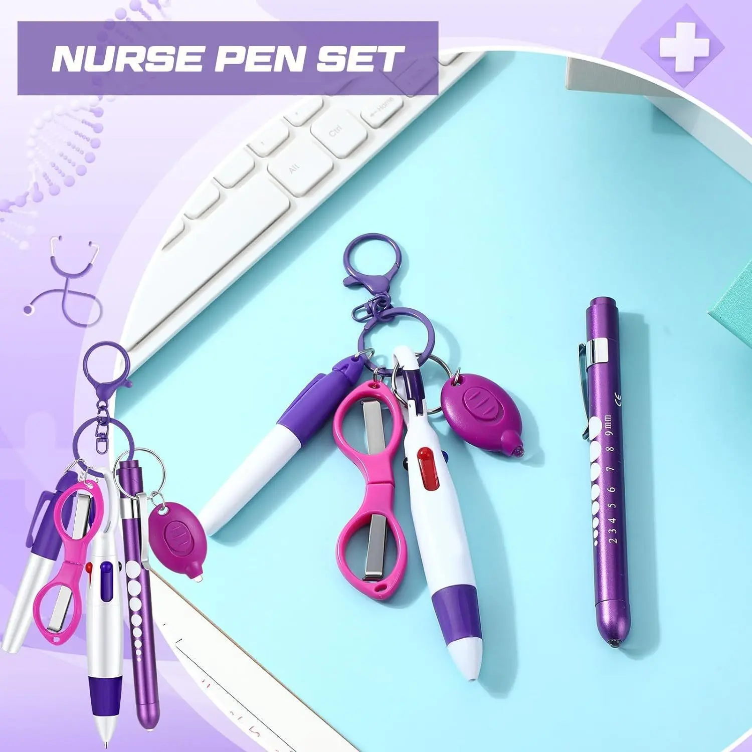 Nurse pen set, (6 pens/set), including ballpoint pen, retractable mini ballpoint pen, permanent marker, highlighter, and foldable scissors, suitable for work, hospitals, student offices, Writing tools