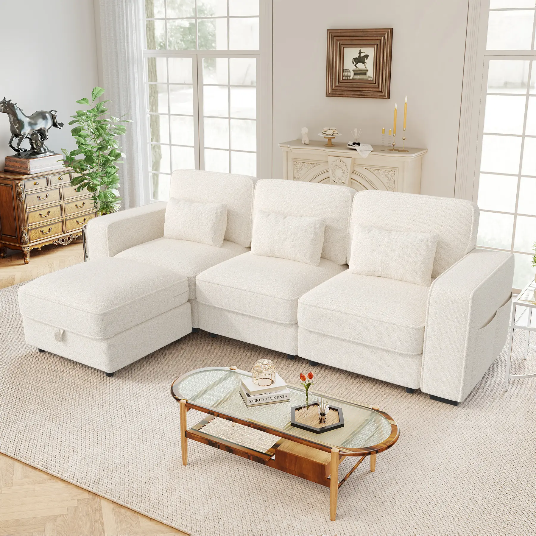 【Shipped in three separate packages】102" Convertible Sectional L-Shaped Sofa Couch with Storable Ottoman,Deep Seat Sofas for Living Room,Bedroom Apartment,with USB Type-C Ports and Pillow (Chenille,Beige)