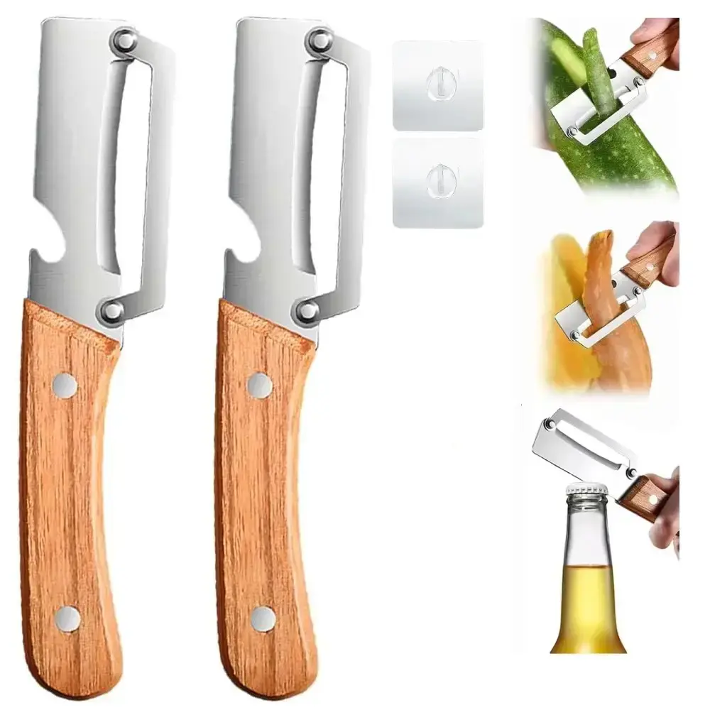 2Pcs Stainless Steel Thickened Fruit Peeler Knife, Multi-Functional Ultra-Sharp Blade with Wooden Handle and Bottle Opener, For Vegetables or Fruits that Need to Be Peeled
