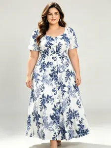 Plus Size Women's Classic Blue Floral Print Dress, Summer, Lady, Square Neck, Puff Sleeve, A-Line, Vintage French Style, Elegant and Comfortable