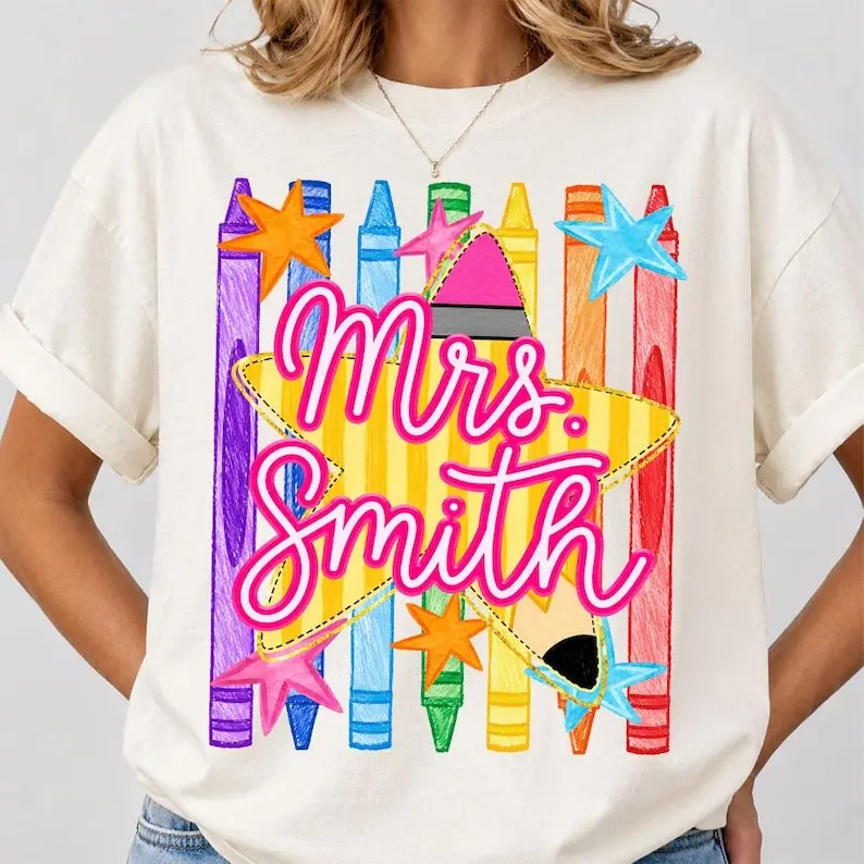 [PLS NOTE CUSTOM] Comfort Colors Striped Custom Teacher Back To School Pencil Crayons Shirt, Pre-K to Fourth Grade Teacher Appreciation Tee, School Girl Colorful Graphic Top, Retro School Years Unisex Apparel