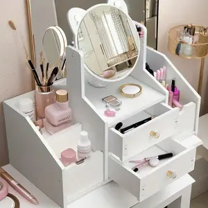 Stylish White Vanity Table with Large Storage Space, Practical Design & Aesthetic Cat-Ear Mirror for Bedroom Makeup & Organization
