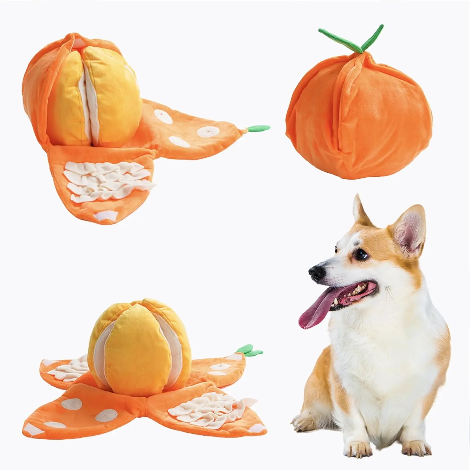 Nocciola 5-in-1 Orange Dog Enrichment Toys, 4 Orange Slices with a Peel Snuffle Mat for Treats Hunting Fun, Squeaky Hide and Seek Puzzle Dog Toy for Medium Dogs