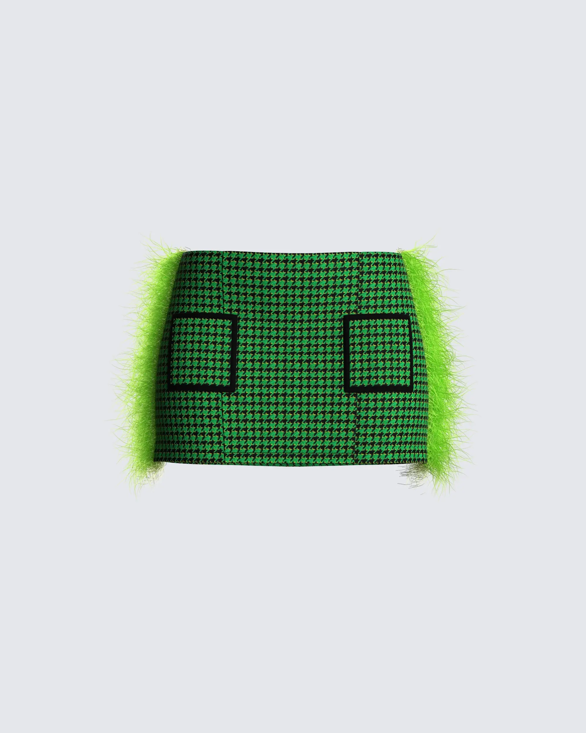 Women's Green Houndstooth Mini Skirt - Colorful Textured Polyester Design with Neon Trim and Pockets, Colorful Textured Skirts, Fuzzy, Straight, Chic