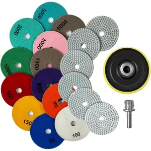 Diamond Polishing Pads Set Wet/Dry Quartz Polishing Kit, Granite Stone Concrete Marble Tile Polish Pads for Grinder, 12Pcs 4 in 50# -8000#   Grit Pads with Hook, Loop Backer and Drill Adapter