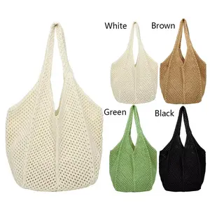 Women Crochet Tote Bag Fashion Knitted Bag Large Capacity Woven Shoulder Bag Solid Color Simple Shopping Bag For Summer Beach