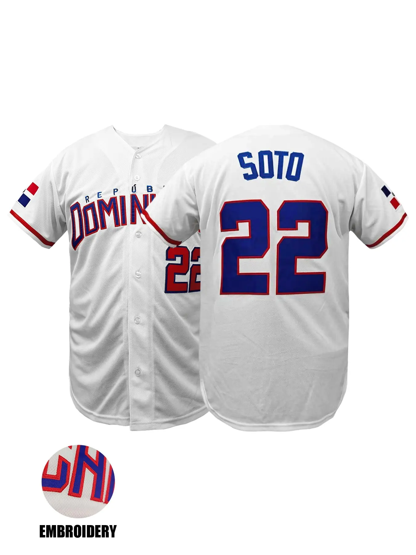 Men's Dominican Republic #22 Embroidered Baseball Sports Jersey, White/Black/Red Button Down Baseball Shirt, Stitched Letters & Numbers,Perfect for Game Day & Streetwear, Sports Top, Casual Sports Jersey