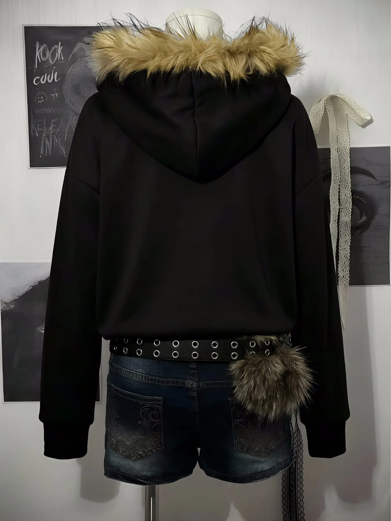 Y2K Gothic Black Faux Fur Hooded Solid Zip-Up Hoodie | Versatile