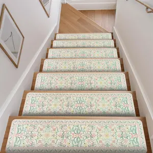 Floral Stair Treads Non Slip Stair Runners for Wooden Steps Indoor, 15 count 8"x30" Rubber Carpet Treads for  Stairs Staircase Step Treads for  & Dogs, Stair Covers, Green