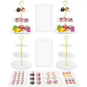 10 count Cake Stand, Plastic Dessert Table Display Set, 4 count 3 Tier Cupcake Stand Tower Holder and 6 count Serving Tray for  Party  Shower Decorations