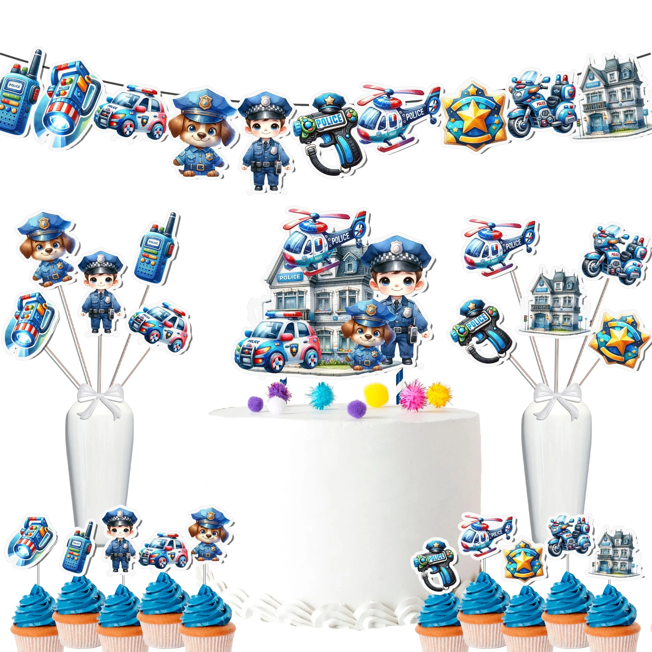 Ultimate Police Officer Birthday Party Decor Set -  Banner, Cake & Cupcake Toppers, Centerpieces