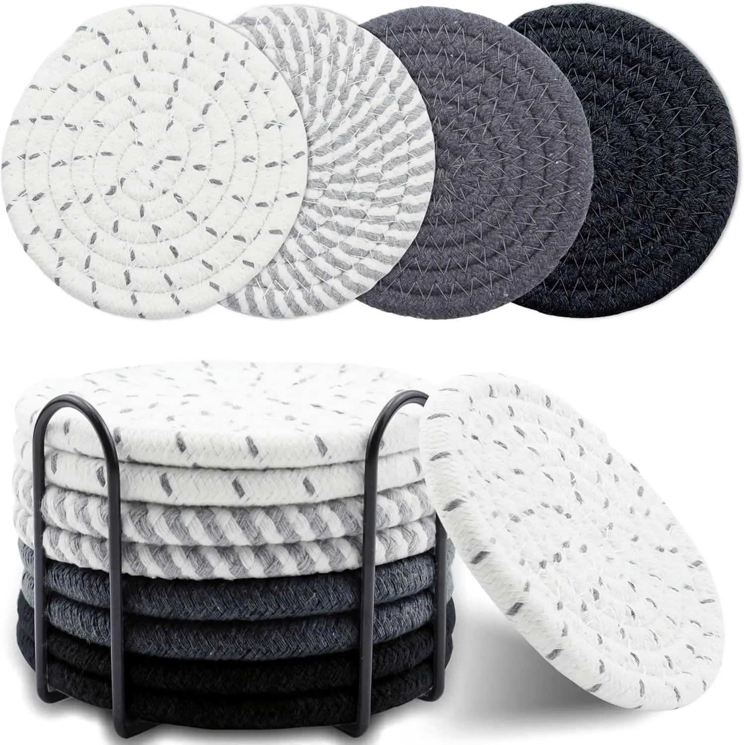8-Piece Cotton Woven Drink Coasters Set with Holder – Absorbent Table Coasters for Coffee Mugs, Glasses & Home Decor, 4.3 Inch Silicone Tableware Aesthetic Silicone Tableware Ceramic Sturdy Washable