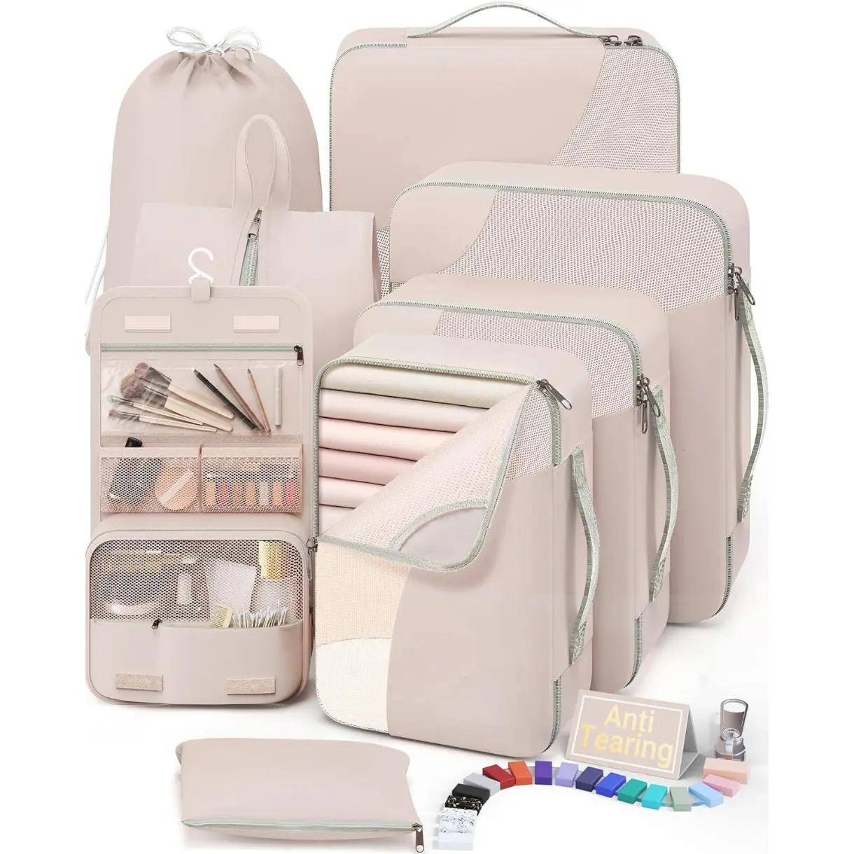 10 Set/8 Set Packing Cubes for Travel, Gifts for Women Mom,Anti-Tearing Suitcase Organizer for Luggage with Shoe & Hanging Toiletry Bag,Vacation Essentials & Accessories for Cruise Ship,Cream