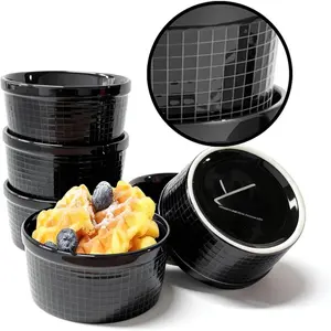 Black Ramekins 4oz 3.2 inch Set of 6, Oven Safe Dishwasher Safe, dessert bowls, Dipping sauce cups, Ceramic Creme Brulee, Baking Souffles Ceramic Ramekin