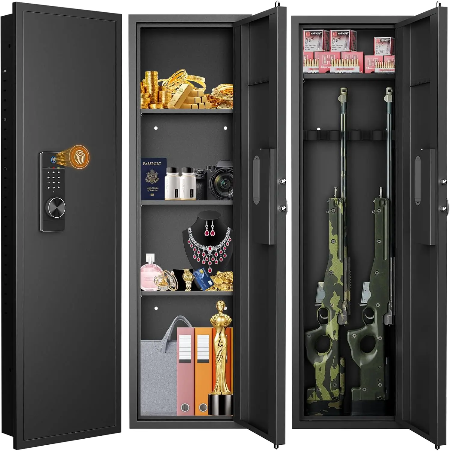 Kavey 53.15in Powder Coated Steel Hidden Wall Mount Safe - Stud-Mount Between Studs, Tamper Resistant Biometric Pad, Dual Alarm, 4 Unlocking Methods, Silent Mode, 3 Adjustable Shelves, Magnetic Slot, USB-C Cable, 4 Solid Locking Bolts (Black)