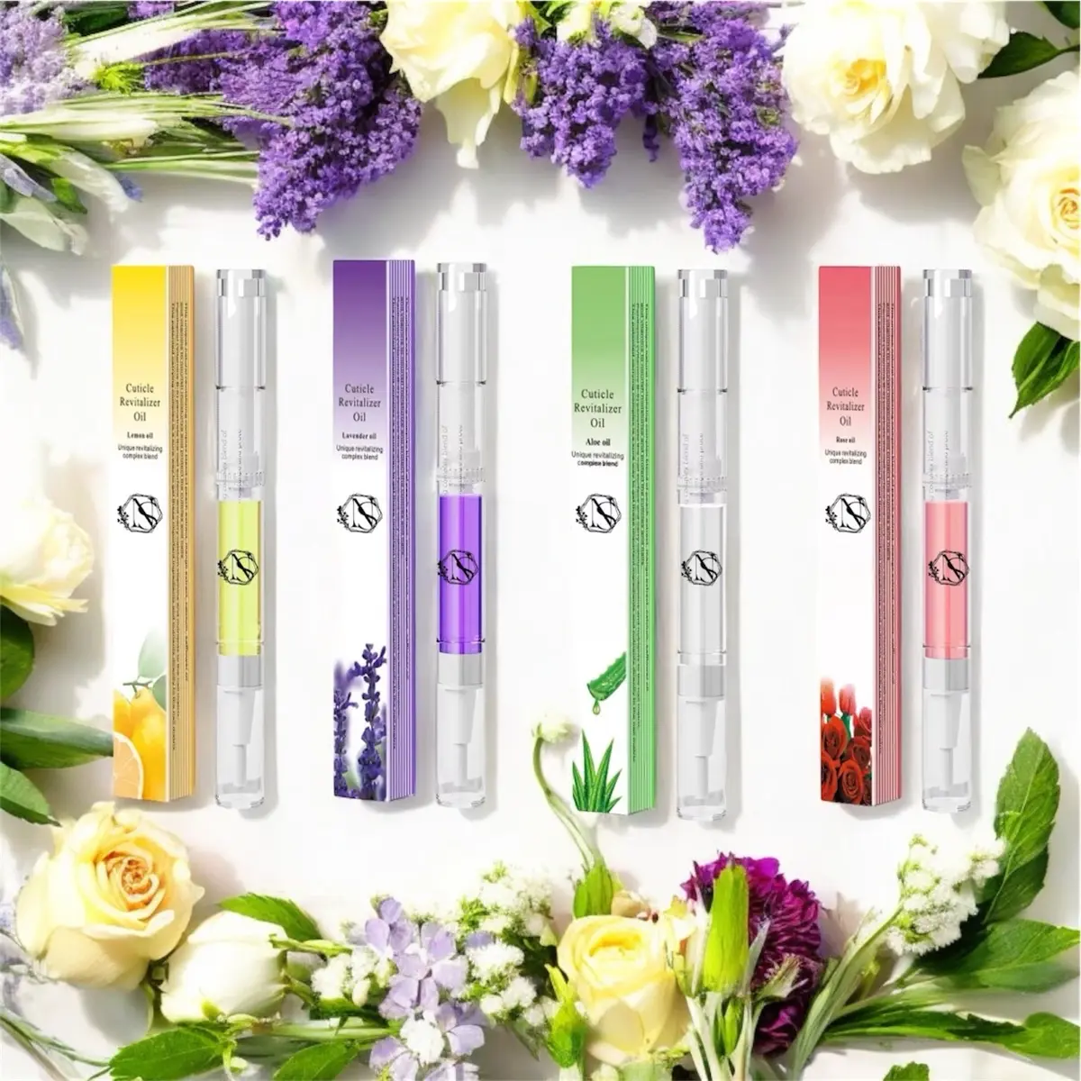 Set of 4 organic cuticle oils for nail care.