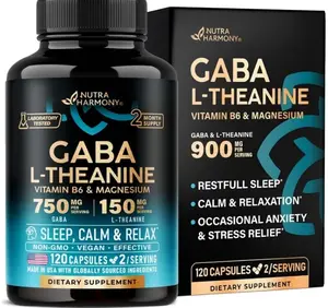 GABA L-Theanine 900 mg - Magnesium | Vitamin B6 - Calm, Sleep, Relaxation & Mood Support - Lab Tested - 750 mg Gamma AminoButyric Acid, 150 mg L-Theanine - Non-Habit Forming, Vegan - 120 Capsules