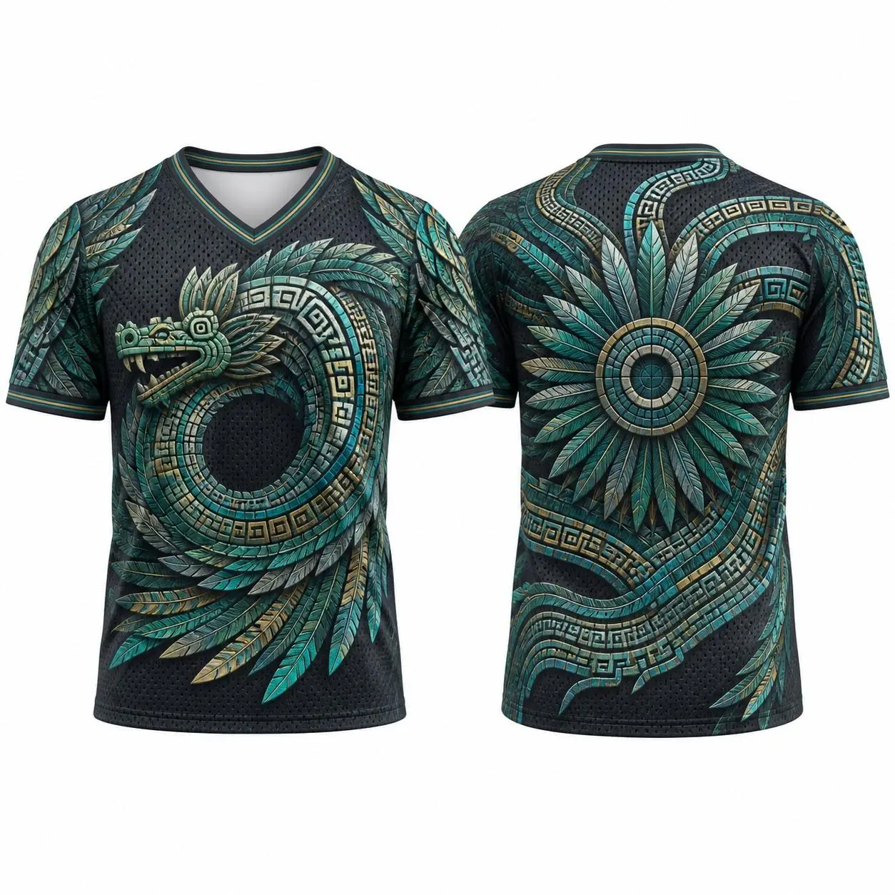 Mexican Independence Day Inspired Quetzalcoatl Feathered Serpent V Neck Mesh Shirt, All Over Print Short Sleeve Athletic Jersey, Unisex Cultural Streetwear for Men and Women