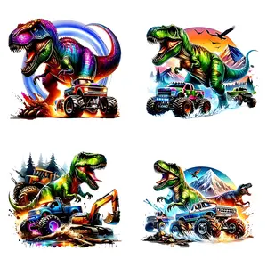 Dinosaur & Construction Truck Heat Transfer Stickers, Easy Iron-On Patches for Clothes, Washable, Perfect for T-Shirts, Masks, Jeans