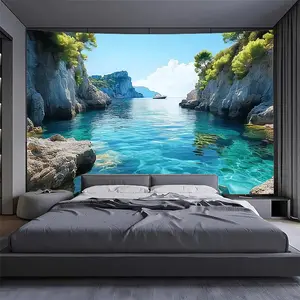 1pc Extra Large Ocean & Mountain Landscape Tapestry with Blue Sky Background - Polyester Wall Hanging for Living Room, Bedroom, Party Decor - Ideal for Live Streaming & Home Decoration, Coastal Home Decor