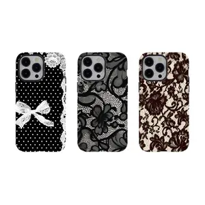 [No Magnetic] Hot Black Lace Coquette Phone Case,Y2K Aesthetic Tough phone Cover,Durable Dual-Layer design tough phone case for iPhone 17 16 15 14 13 12 11 8 7 for Samsung Series,Preppy Retro Tough Cover,Shockproof Protective Cover,perfect gift for her