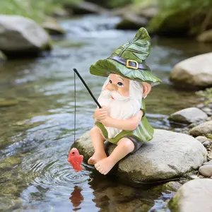 Hat Fishing Dwarf Statue, Garden Gnome Statue, Fun Garden Bonsai Sculpture, Home Fish Tank Decor, Spring Gift, Hand-Painted Resin Craft
