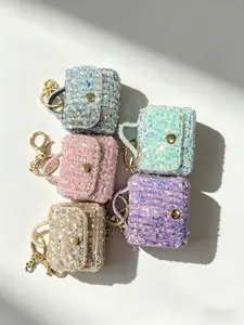 5pcs Sequin Mini Keychain Purse, Sparkly Glitter Earbud Case, Snap Button, Coin Pouch Key Ring, Cute Bag Charm for Women, Girls, Teens