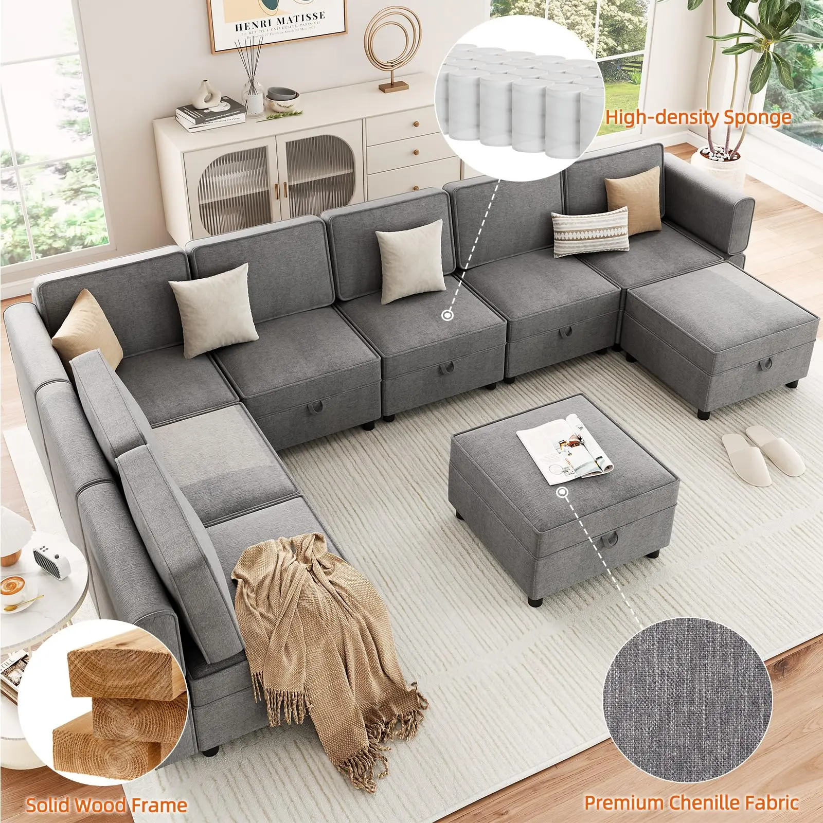 139.4″ Chenille Reversible Sectional Sofa – 9‑Seater Modular Sectional Sofa – Comfy Sectional Sleeper Sofa Couch with Chaise – U‑Shape Modular Couch with Storage Seats & Ottomans – Grey