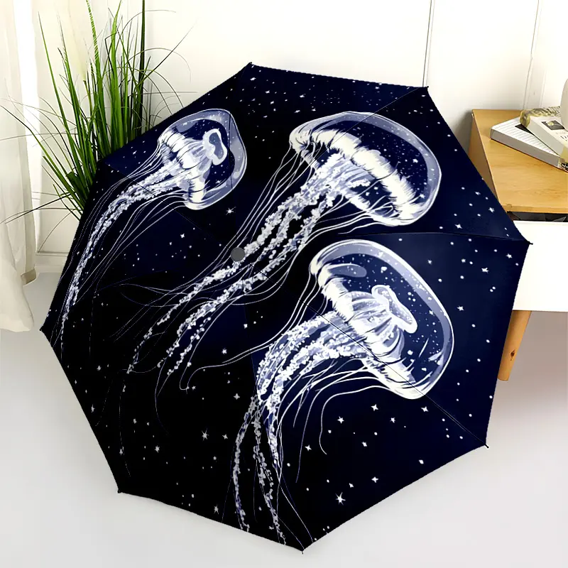 1 PC Automatic Folding Umbrella - Jellyfish in the Night Sky Pattern, Portable & Foldable Design with 8 Ribs, Merry Christmas Pattern,Casual Outdoor Accessory Halloween and Christmas Birthday Gifts. H00190