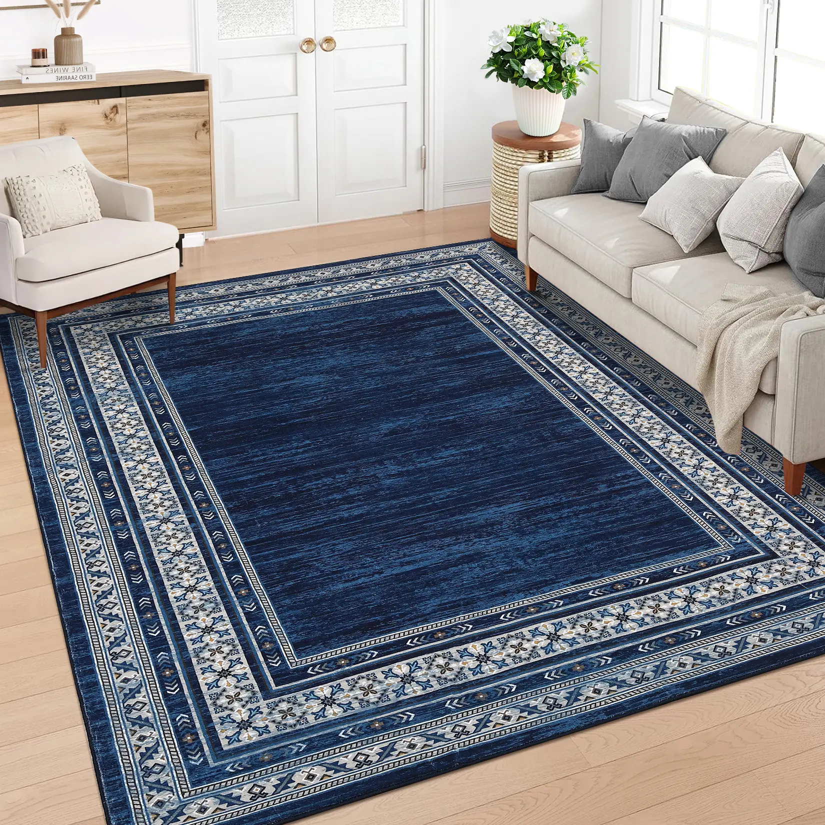 Washable Area Rug Modern Border Rug Soft Non-slip Bedside Rug Foldable Indoor Rug For Living Room Bedroom Hallway Laundry Room