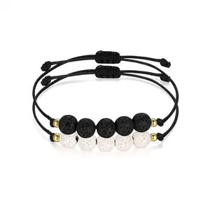 OIDEA Black White Volcanic Lava Stone Essential Oil Diffuser Bracelet — Adjustable Sliding Bead Bangle for Men Women, Couples Friendship Gift