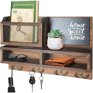 Wall Mount Organizer with 4 Double Hooks, Decorative Key and Mail Holder, Sunglasses Storage and Dog Leash Hanger, Chalkboard Surface for Notes, Space Saving Entryway Solution
