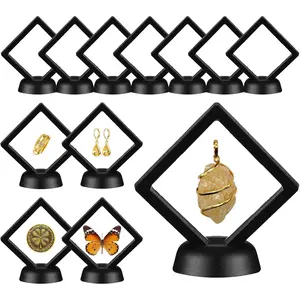 12 count  Floating Display Case 2.7in Black, Clear Film  Storage Box Plastic Frame Stand for   Fossils Rocks   Butterfly