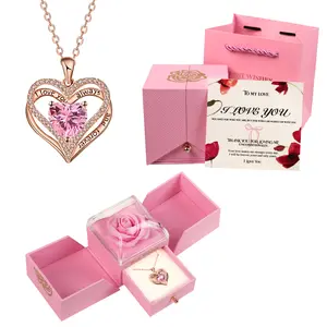 Valentine's Day & Birthday Gift Hollow Out Heart Shaped Rhinestone Pendant Necklace | I Love You Engraved with Rose Gift Box Elegant Jewelry for Her Wife Girlfriend Mom Daughter