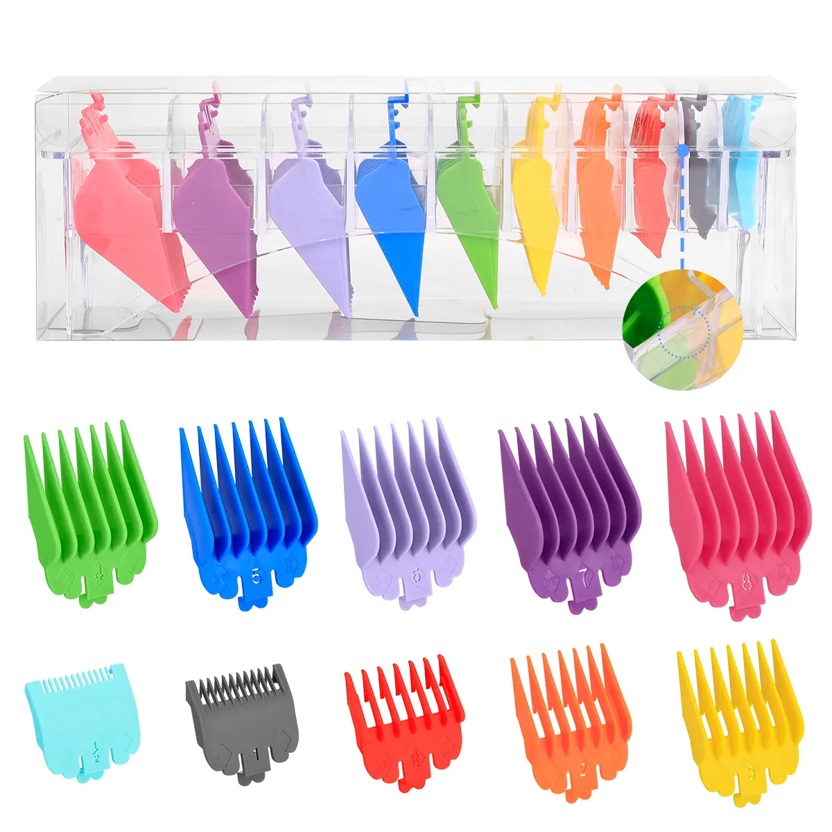 10Pcs Color Coded Hair Clipper Guide Combs Set, Universal Hair Trimmer Guards Limit Combs 1.5-25mm with Storage Box, Barber Salon Hair Cutting Accessories