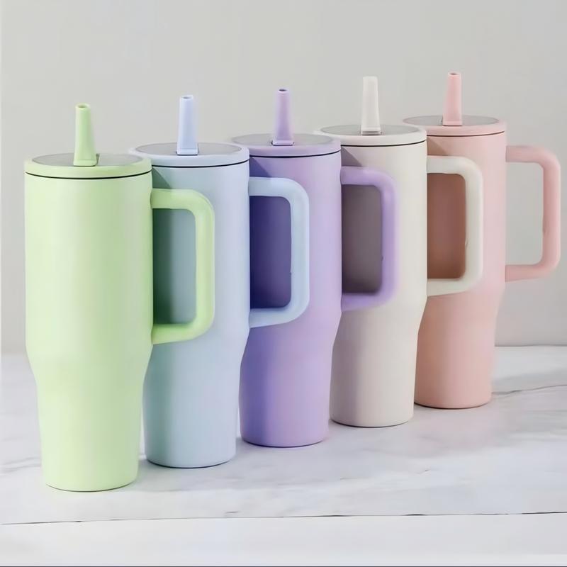 Solid Color 40 Oz Tumbler With Handle 2-In-1 Straw And Straw Lid Leak-Proof Dishwasher-Safe, Insulated Stainless Steel Travel Coffee Mug Long-Lasting Heat Retention, Suitable For Car Cup Holders, Office, Christmas Gifts
