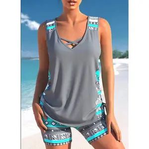 Women's Fashion Two-Piece Tankini Swimsuit, Tankini Swimwear Set Ethnic Geometric Floral Print Bohemian Crossed Straps Drawstring Beach Vacation