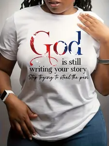 Plus Size, God Print Graphic T-shirt, Solid Short Sleeve Crew Neck Casual Top for All Seasons, Plus Size Women's Clothing.