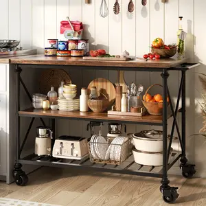 Portable Wood Kitchen Island Cart with Lockable Wheels, Rolling Kitchen Island Table with Metal Frame and Storage Shelves for Kitchen Dining Room