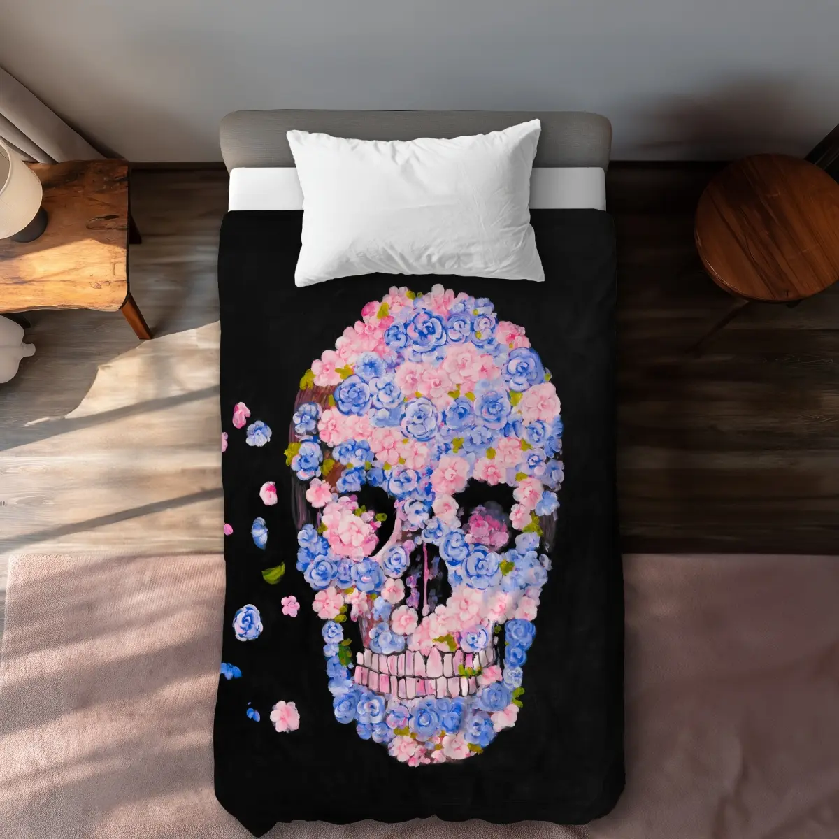 Begin Home Decor C1DCTSW0Q6KZS4 Twin Size Skull of Flowers in Flight - Modern Black Duvet Cover - Home Decor