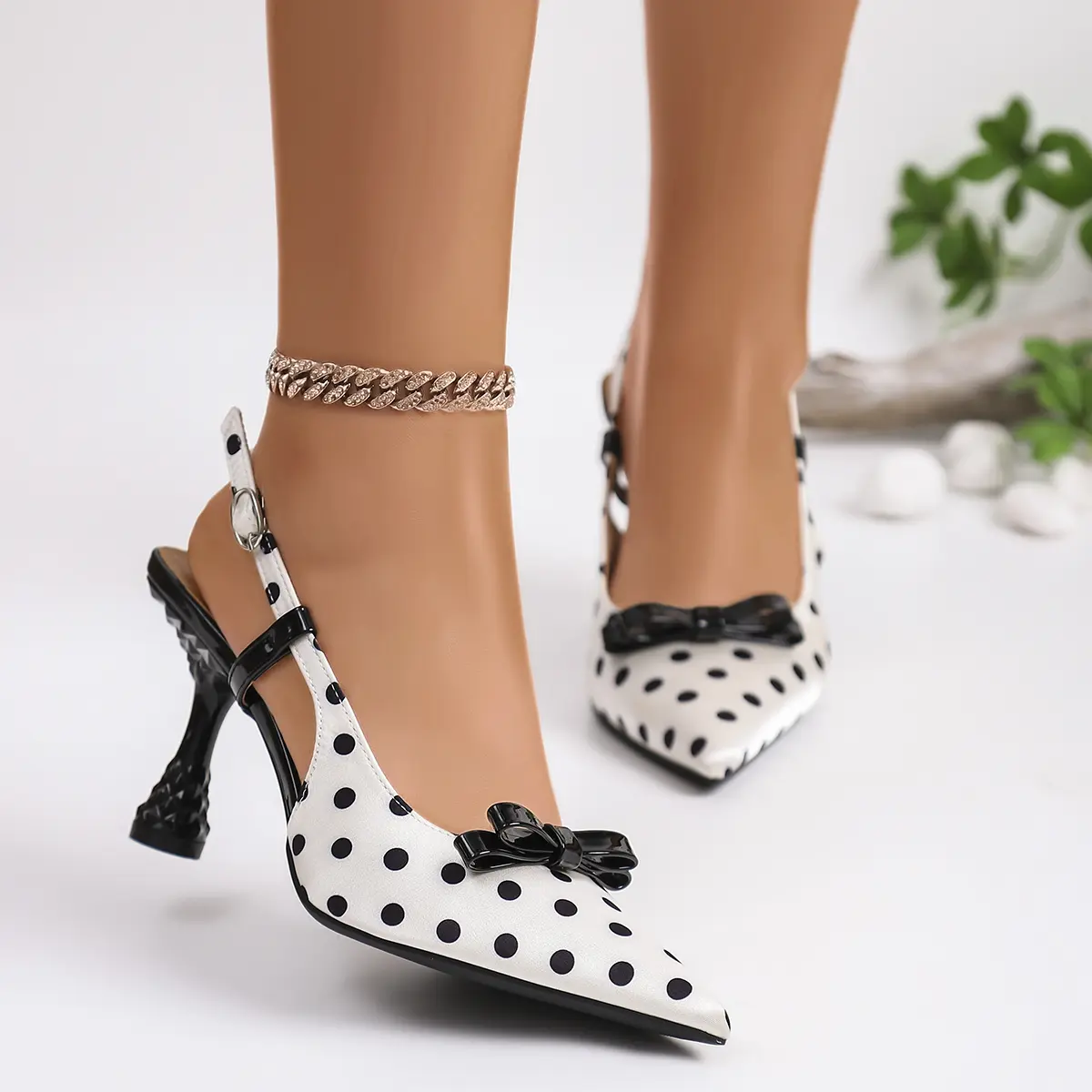 Women's Chic Style Feminine High Heel-Shaped Pointed Toe Pumps - White Polka Dot Slingback Shoes with Sculpted Heel and Black Bow Footwear, Chic Style Pumps, Feminine Pumps