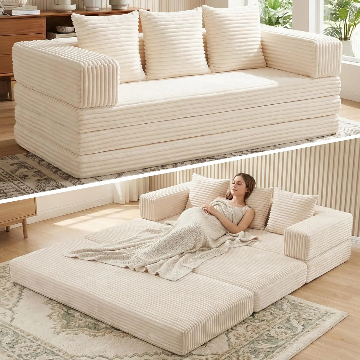 Winzoo 78-in Oversized Corduroy 4-in-1 Boneless Futon Set, Foldable Convertible Couch Bed Sleeper Sofa with Removable Armrests & Backrest for Living Room, Bedroom, No