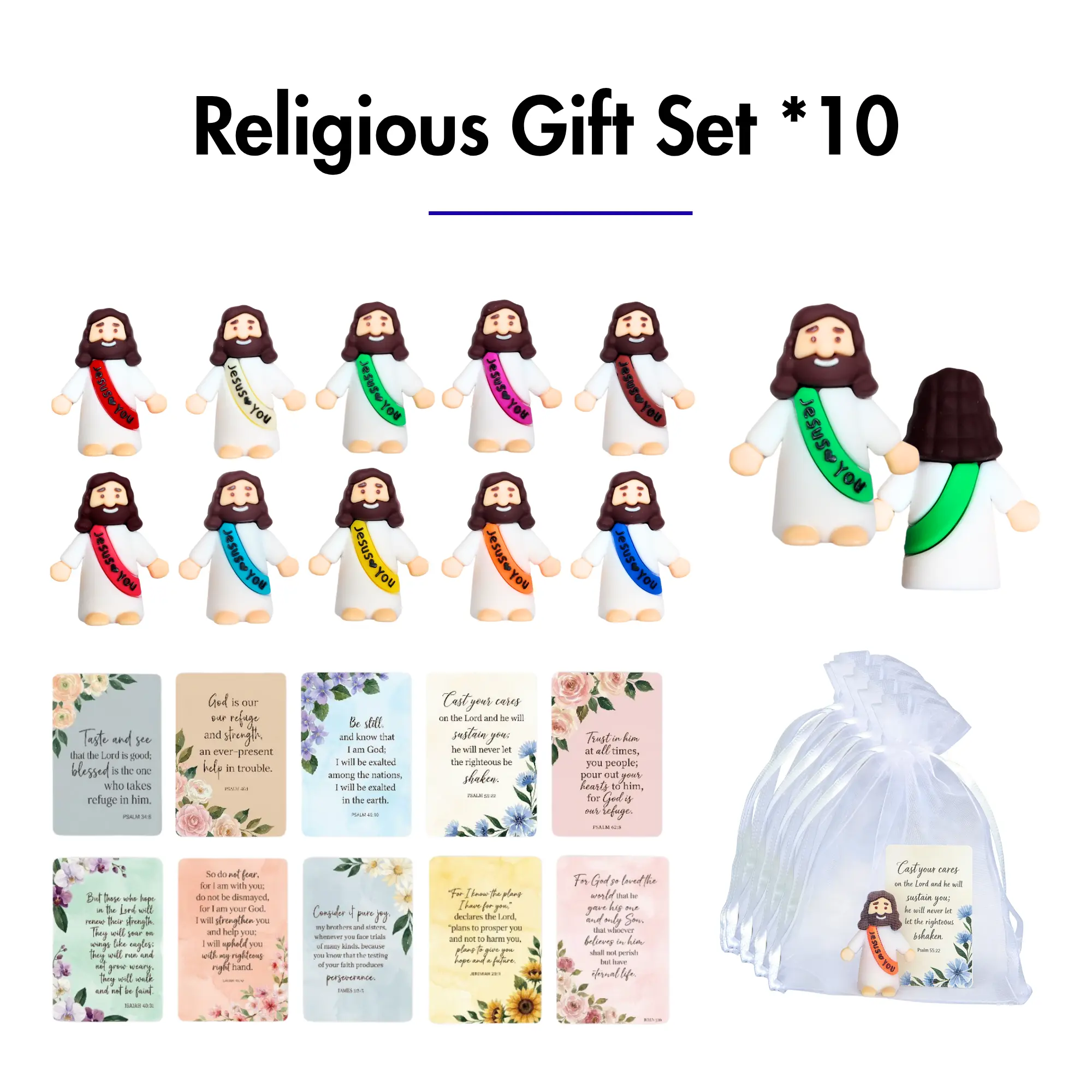 Bulk Soft PVC Christian Mini Jesus & Scripture Card Sets with Organza Bags, 10-25-50 Pack Religious Collectibles, Spiritual Gift for Women, Bible Study & Faith Event Supplies