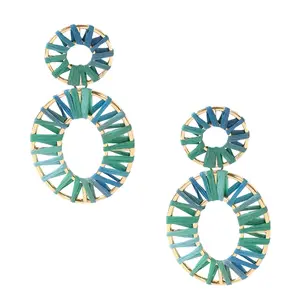 Bagtique Jewelry Collection Kai Raffia Wrapped Statement Drop Earrings - Metal, Aqua Colorful Mix, Unique Shape, Pierced Backs, Long Length, Fashion Costume Jewelry Accessory