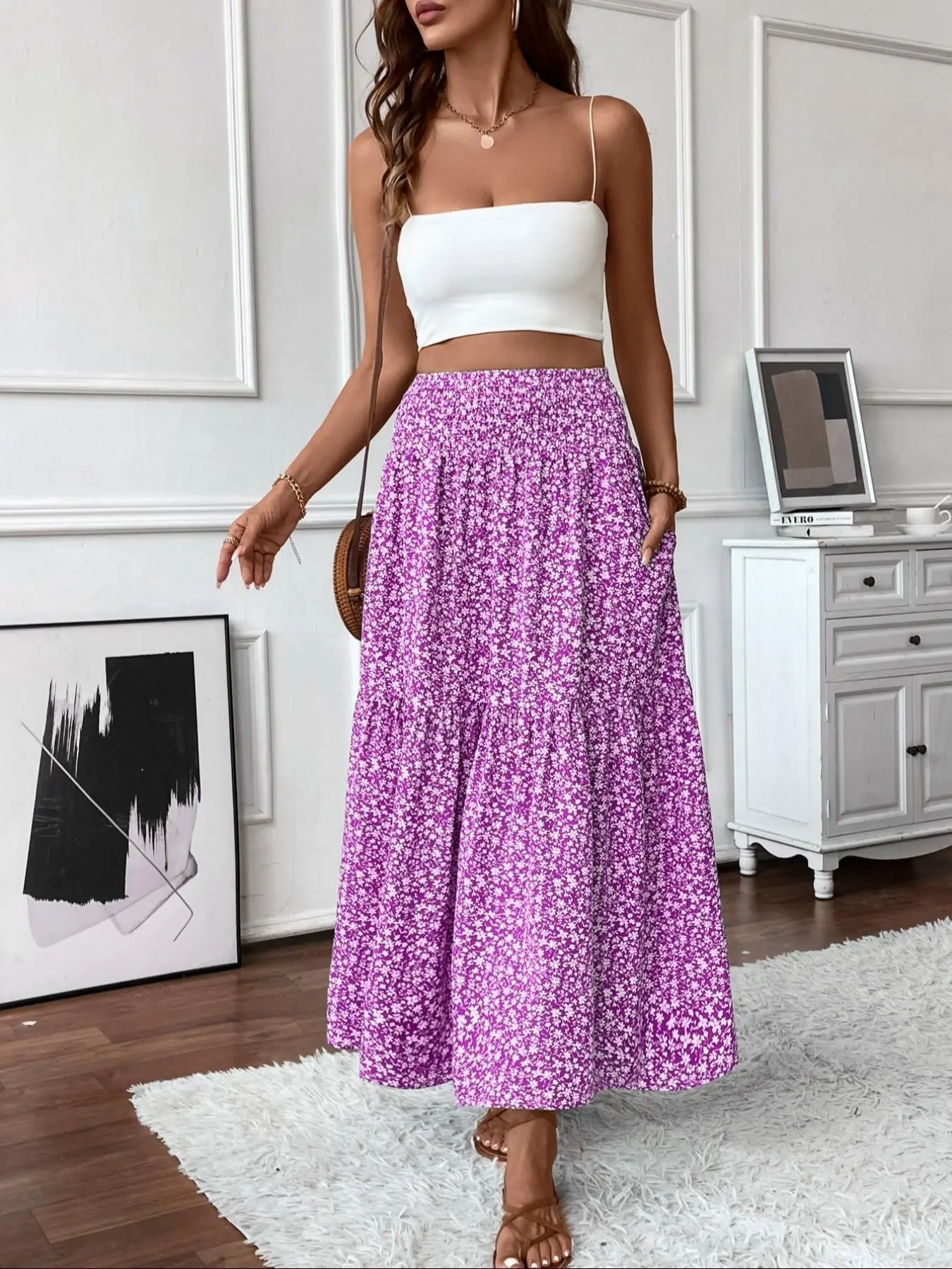 Women's Ditsy Floral Long Skirt Pockets, High Waist A-Line Ruffle Bohemian Style, Boho, Casual Summer Beach Vacation, Y2K Farmhouse Fashion