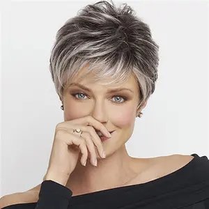 Short Hair Wigs with Bangs Dark Mixed Grey Wigs for Women Pixie Cut Wig Straight Synthetic Fiber Wigs