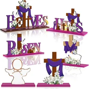 6 Pcs Easter Table Decorations He Is Risen Table Centerpieces Religious Wooden Tabletop Signs Rustic Jesus Cross Tiered Tray Decor for Home Kitchen Office Church First Communion Party
